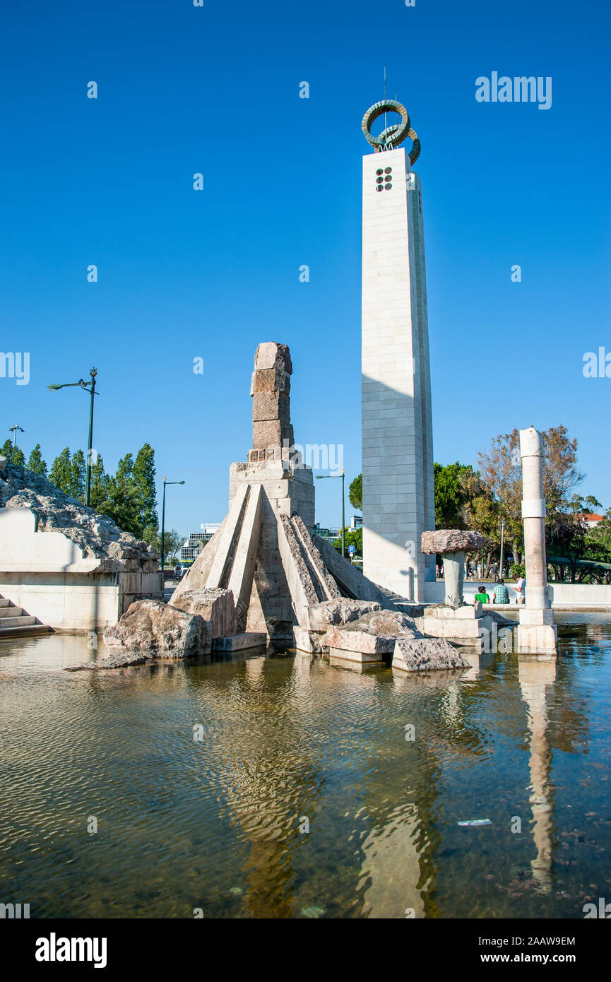 25th April Monument fountain in Edward VII park at Lisbon, Portugal Stock Photo