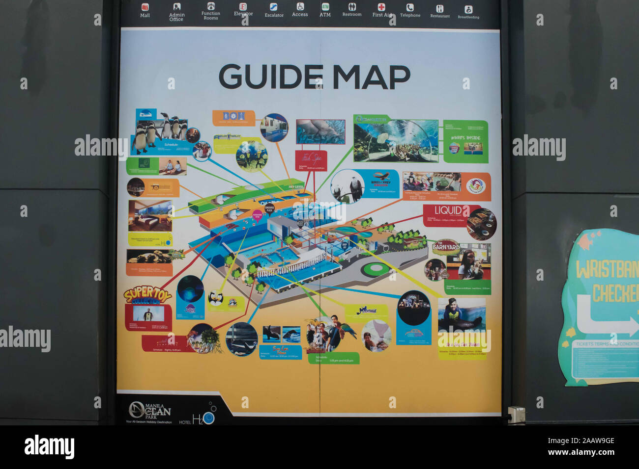 OCT. 26, 2019-MANILA PHILIPPINES : Guide map drawn on the walls at the entrance of the Manila Ocean Park in Manila Philippines. Stock Photo