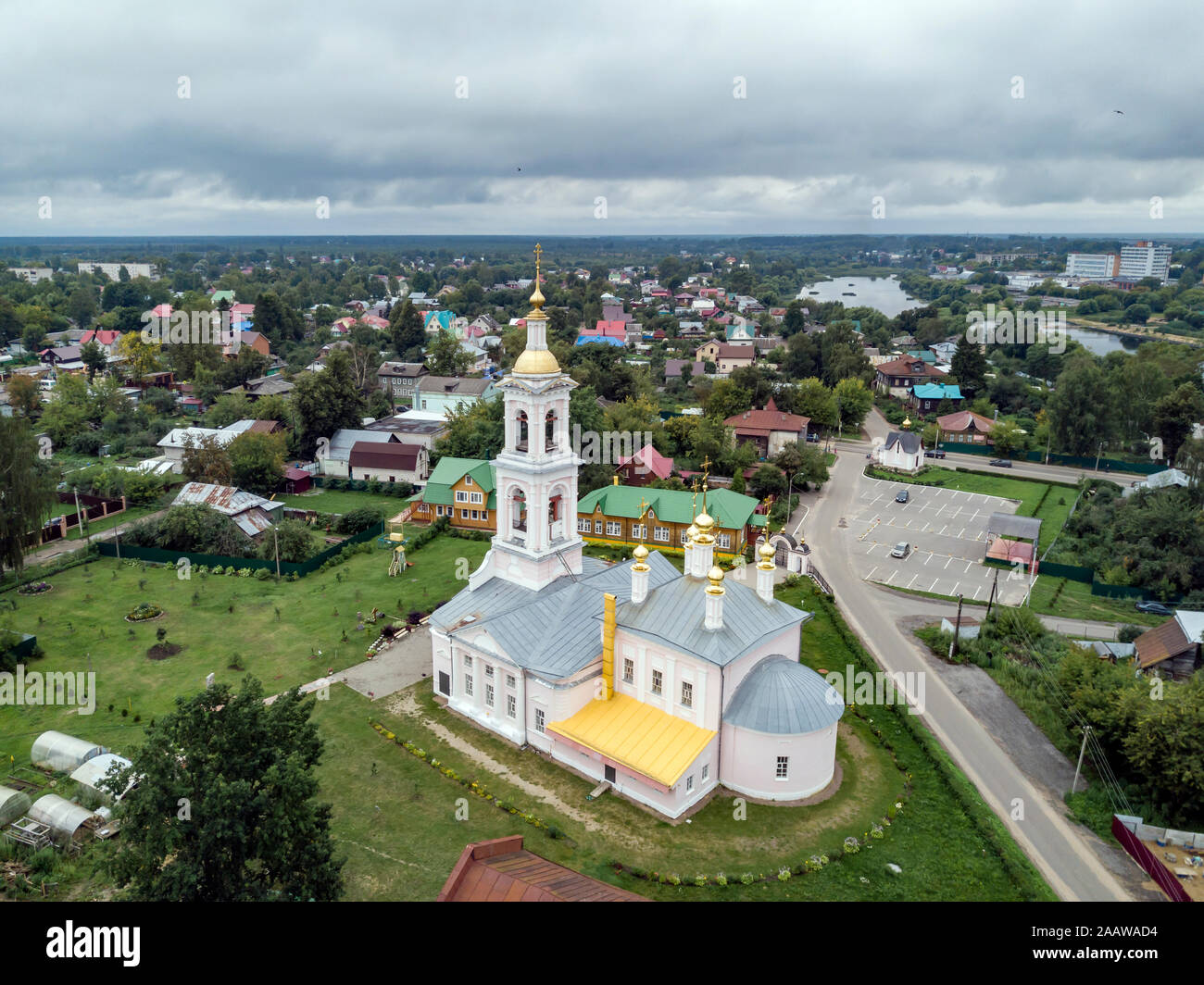 Aerial view of Ascension Church against cloudy sky at Kimry, Moscow, Russia Stock Photo