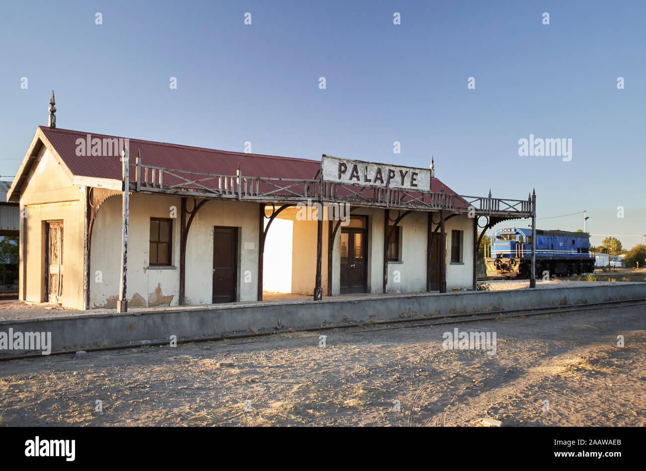 Old train station against clear sky. Palapye, Botswana Stock Photo