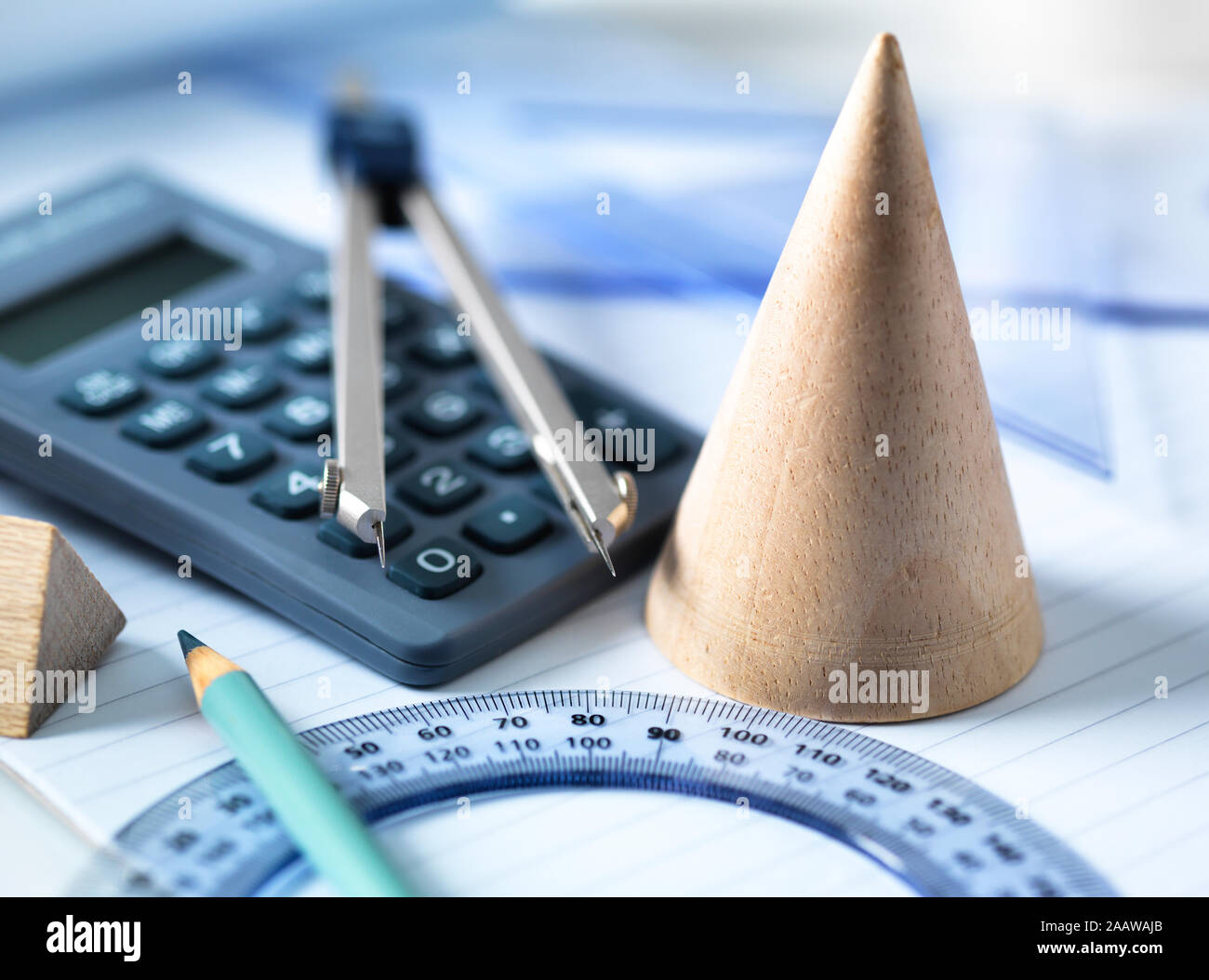 High angle view of mathematical instruments on table Stock Photo