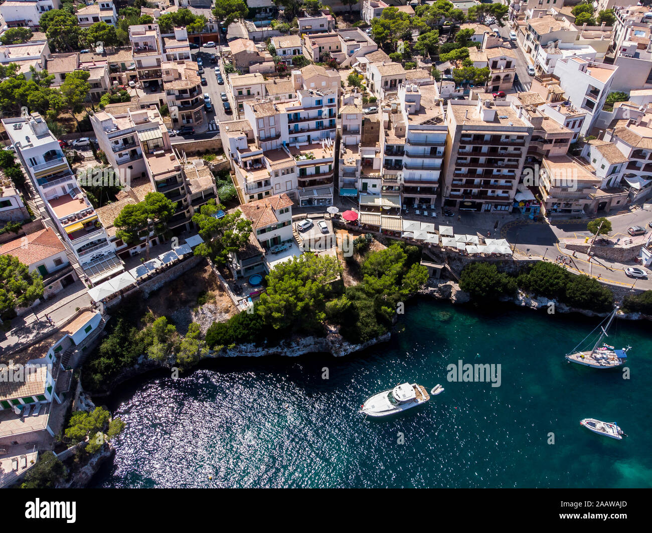 Spain, Balearic Islands, Mallorca, Aerial view of bay Cala Figuera Stock Photo