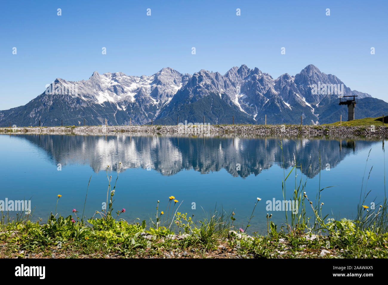 Scenic view of lake and Loferer Steinberge against clear sky at Kitzbühel, Tyrol, Austria Stock Photo