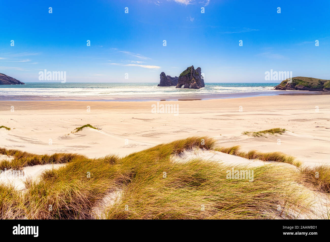 New Zealand, South Island, Scenic view of Wharariki Beach Stock Photo