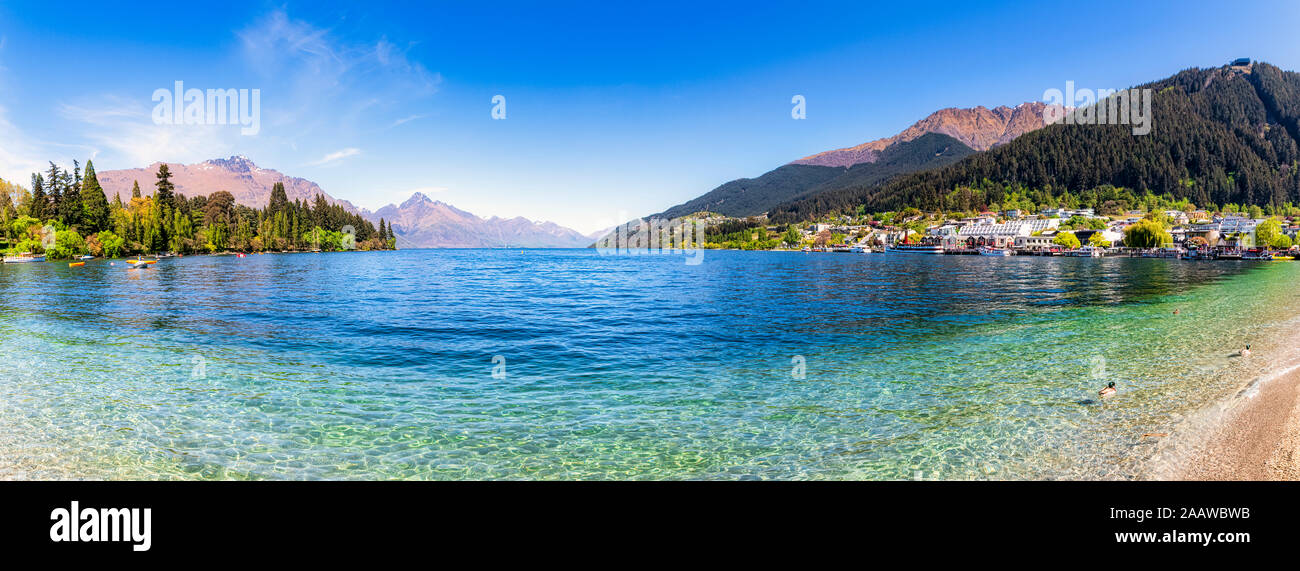 Scenic view of Lake Wakatipu against sky at Queenstown, South Island, New Zealand Stock Photo