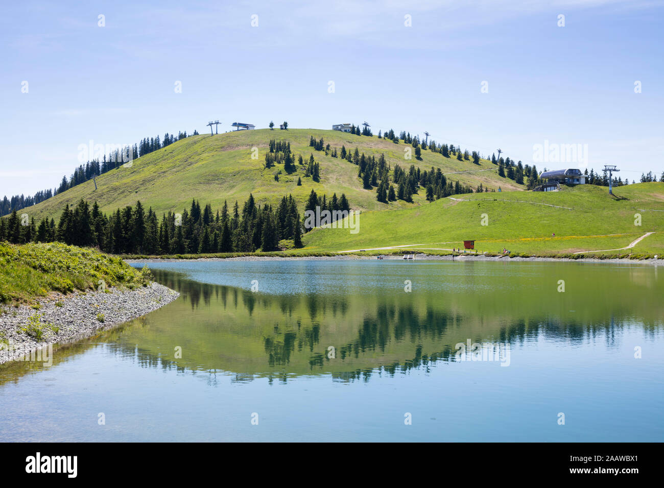 Scenic view of Tanzboden lake by mountain against sky, Tyrol, Austria Stock Photo