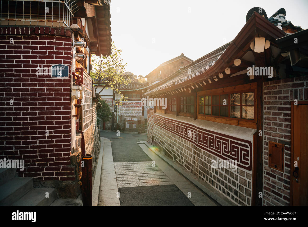 Traditional houses in Bukchon Hanok Village at sunrise, Seoul, South ...