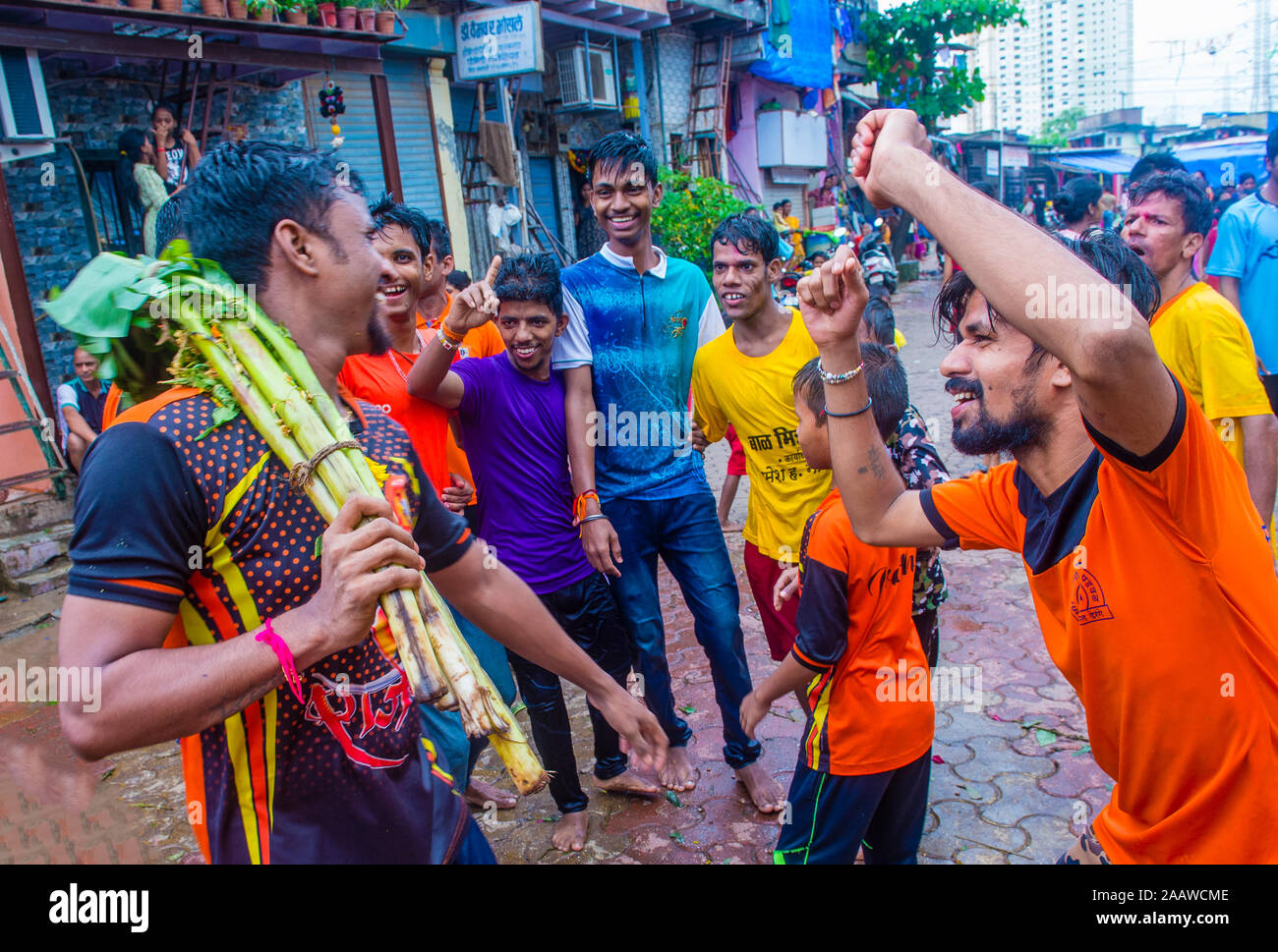 Indian people celebrate during Janmashtami festival in Mumbai India
