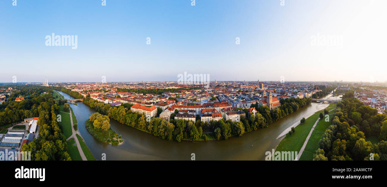 Germany, Bavaria, Upper Bavaria, Munich cityscape with Weiden Island, Wittelsbach bridge and Reichenbach bridge on Isar river Stock Photo