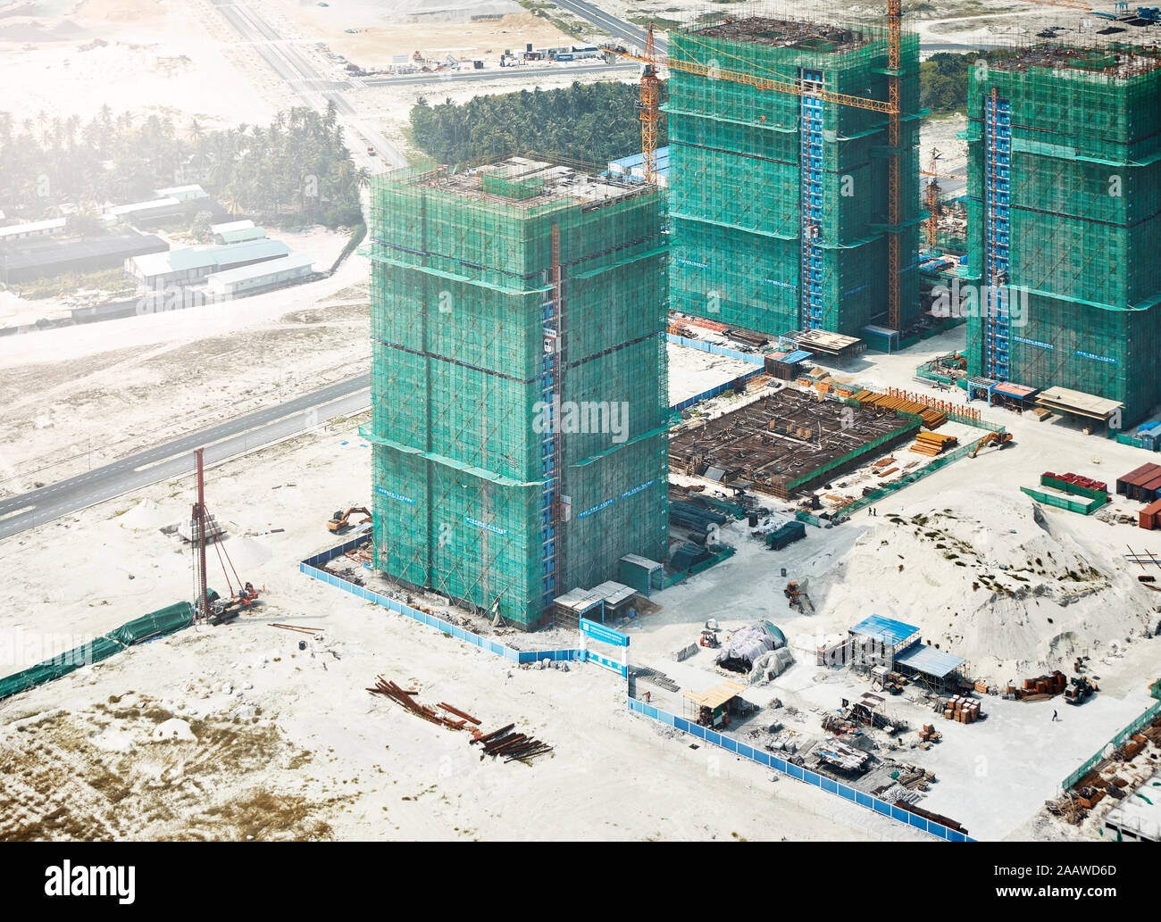 View of construction site during winter at Malè, Maldives seen through airplane window Stock Photo