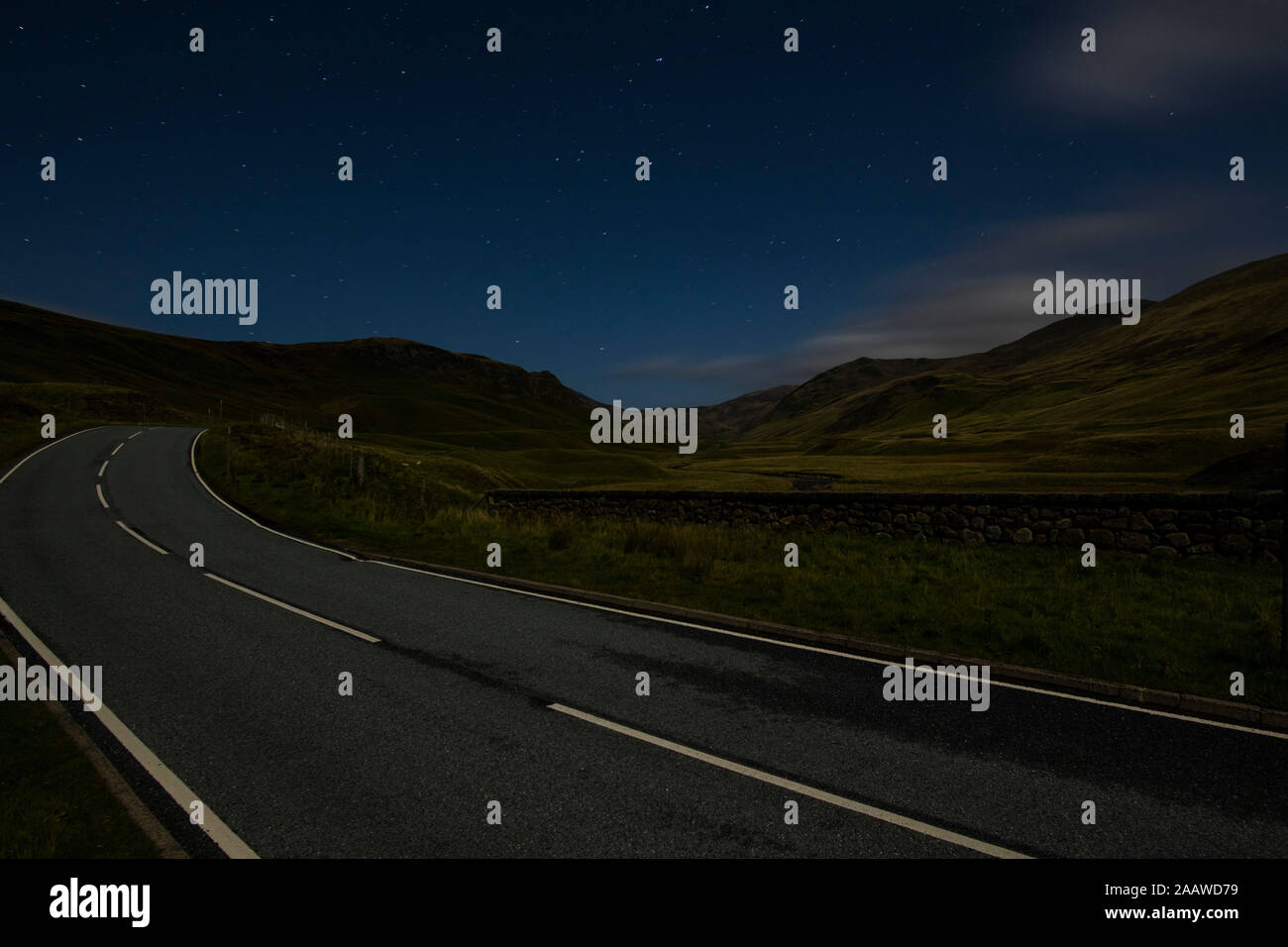 UK, Scotland, Glenshee, empty country road at night Stock Photo