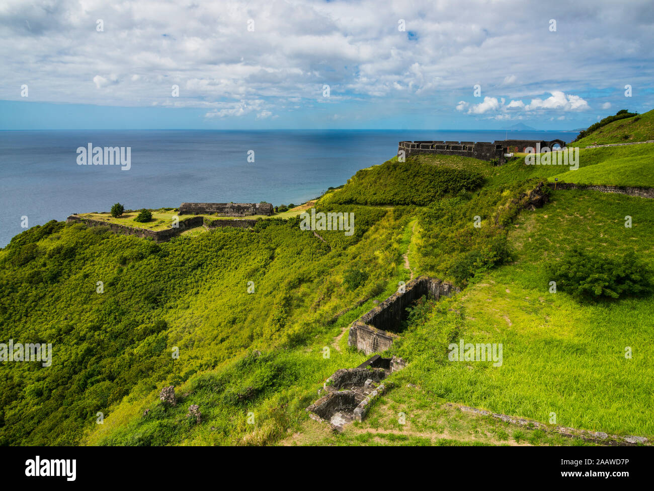 Scenic view of Brimstone hill fortress by sea against sky, St. Kitts and Nevis, Caribbean Stock Photo