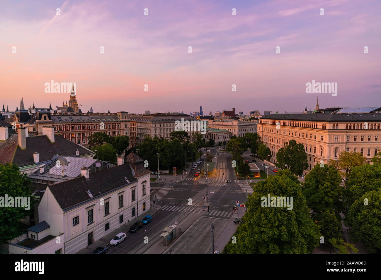 Historic center of Vienna against sky during sunset, Austria Stock Photo