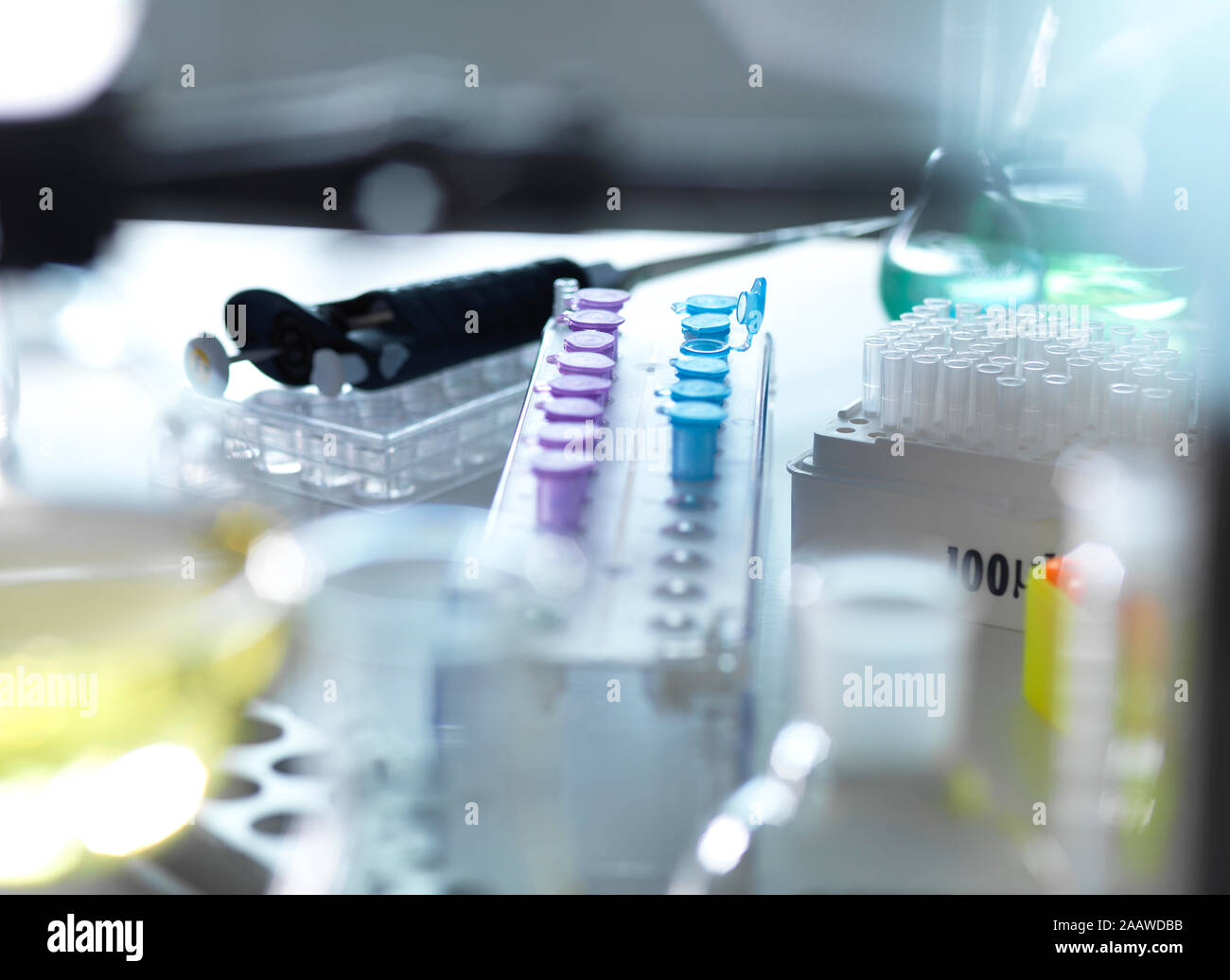 High angle view of various laboratory experiment on table Stock Photo