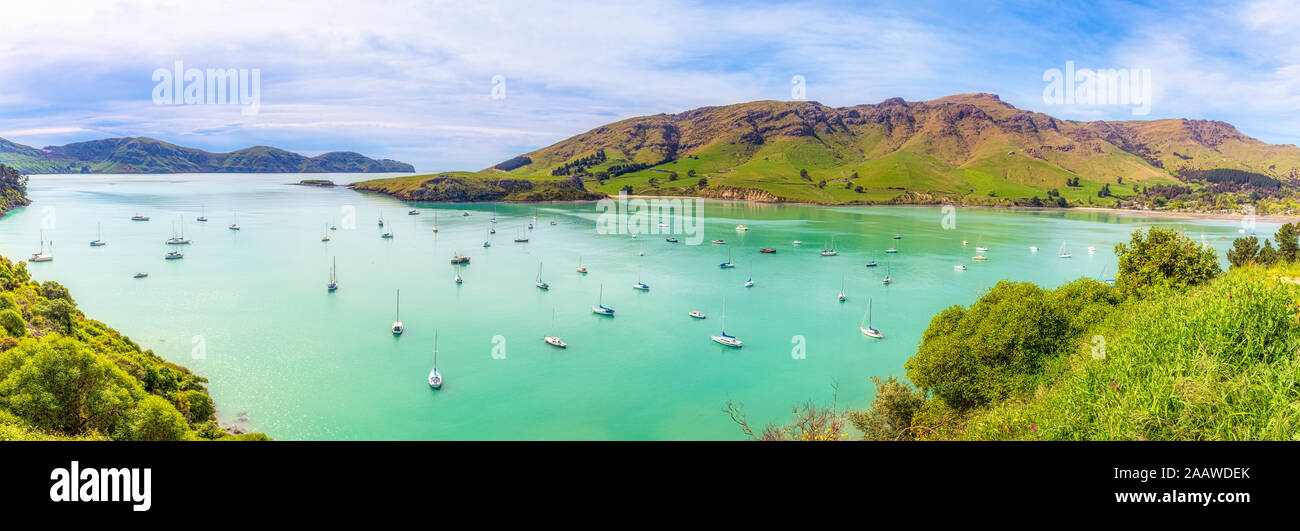New Zealand, South Island, Akaroa, Panoramic view of coast Stock Photo