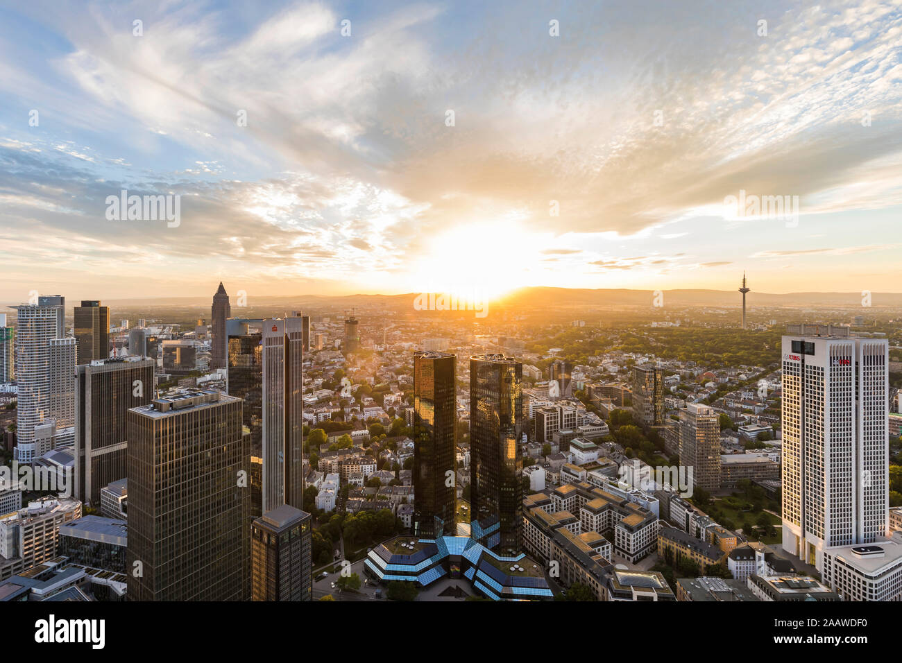 Cityscape against cloudy sky, Frankfurt, Hesse, Germany Stock Photo