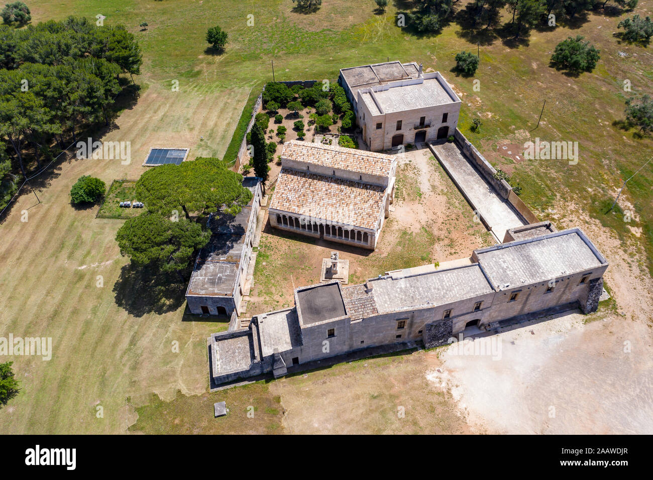 Aerial view of Santa Maria a Cerrate during sunny day, Lecce, Italy Stock Photo
