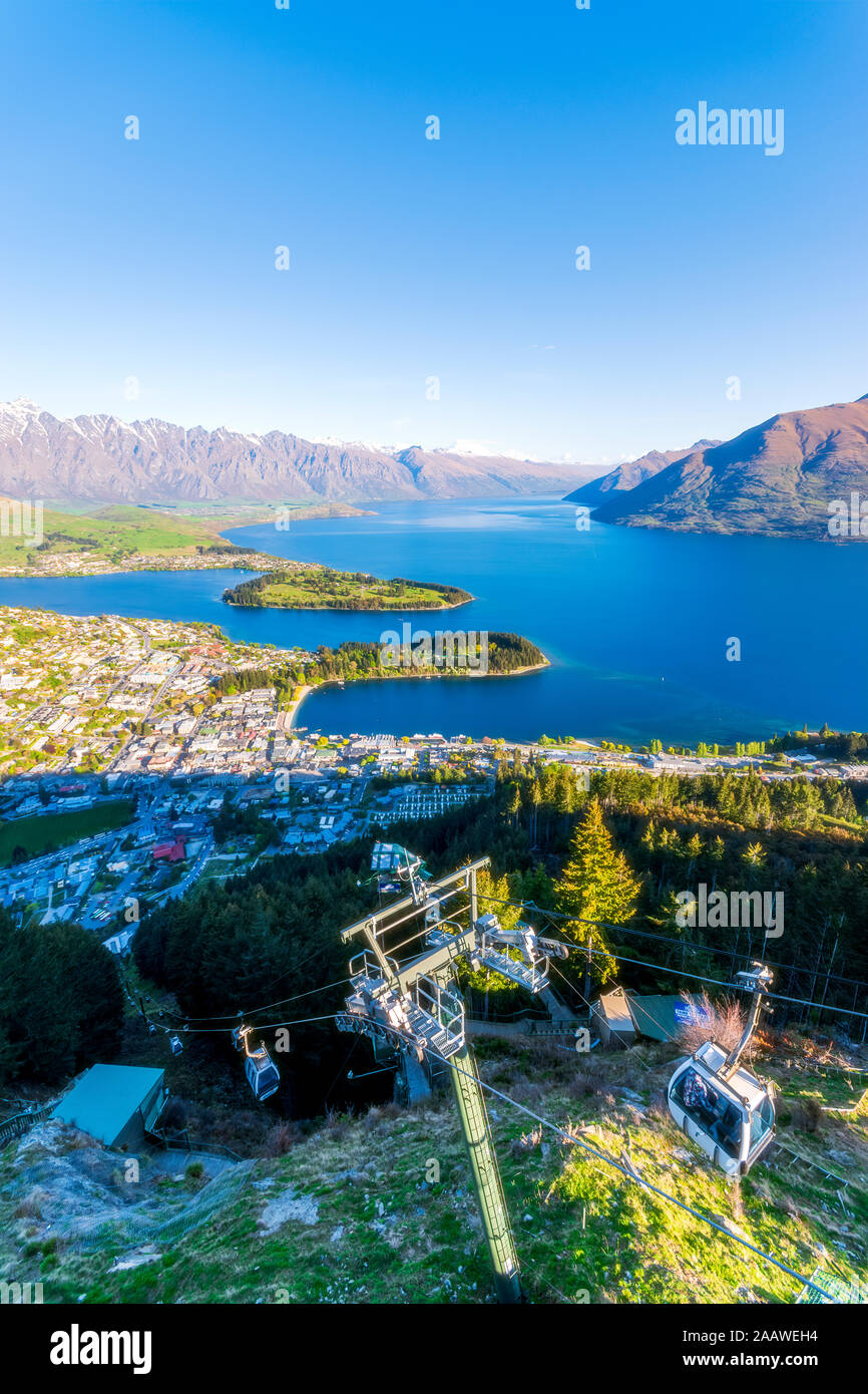 High angle view of overhead cable cars at Queenstown, South Island, New
