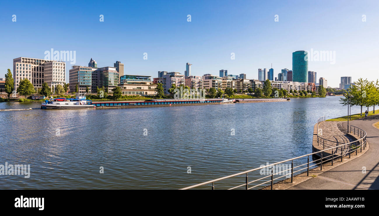 Barge in river against clear sky at Frankfurt, Germany Stock Photo