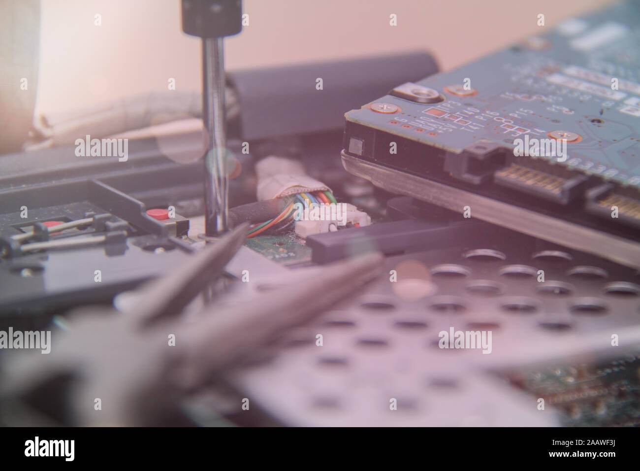 Computer service. Man repairing notebook at the table Stock Photo