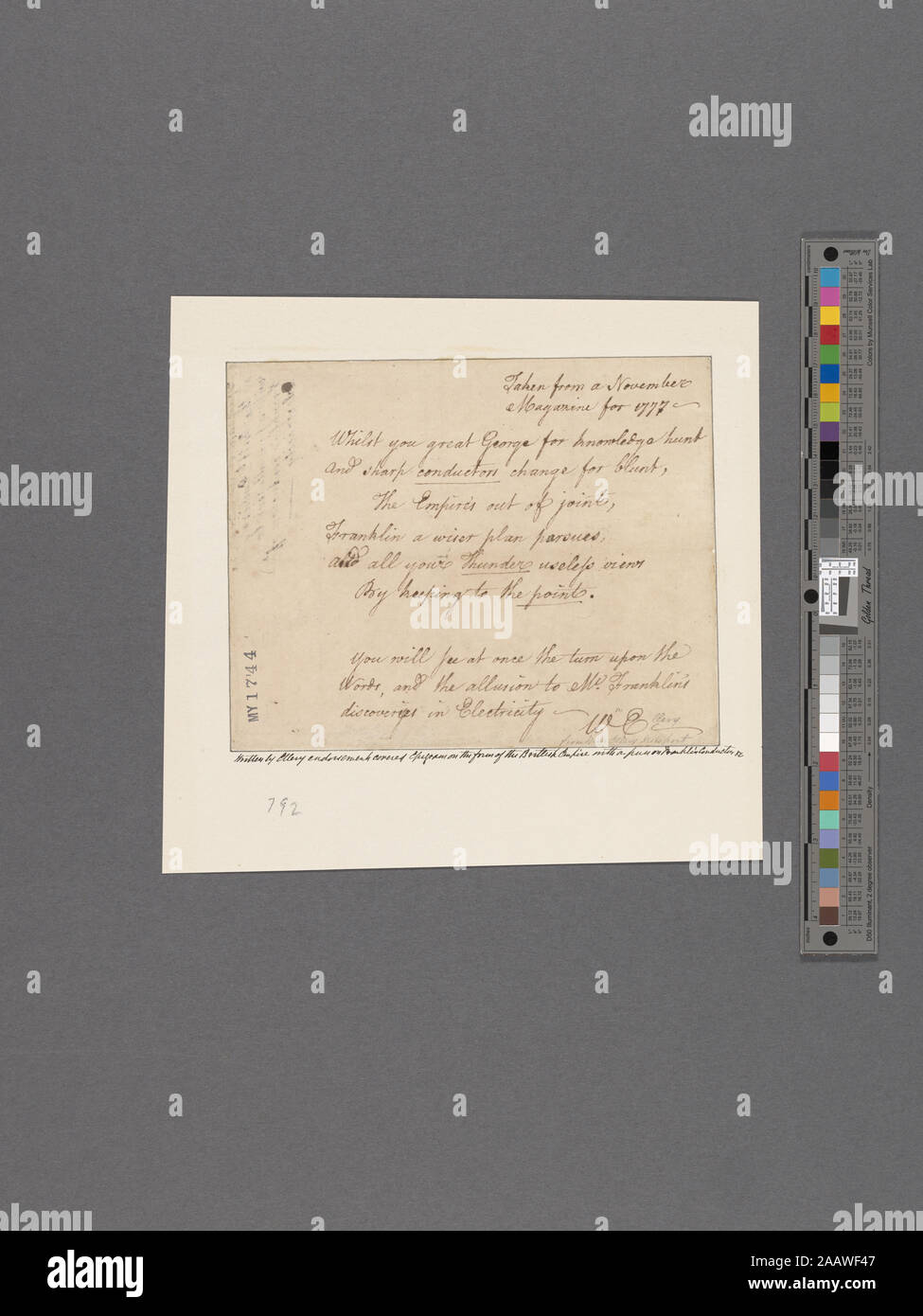 Ellery, William Copy of a poem Digitization was made possible by a lead gift from The Polonsky Foundation.; Ellery, William. Copy of a poem Stock Photo