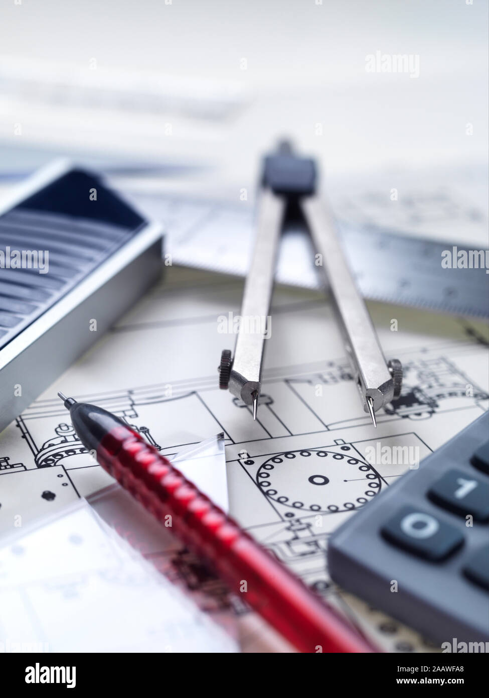 Close-up of drawing equipment on blueprint in office Stock Photo