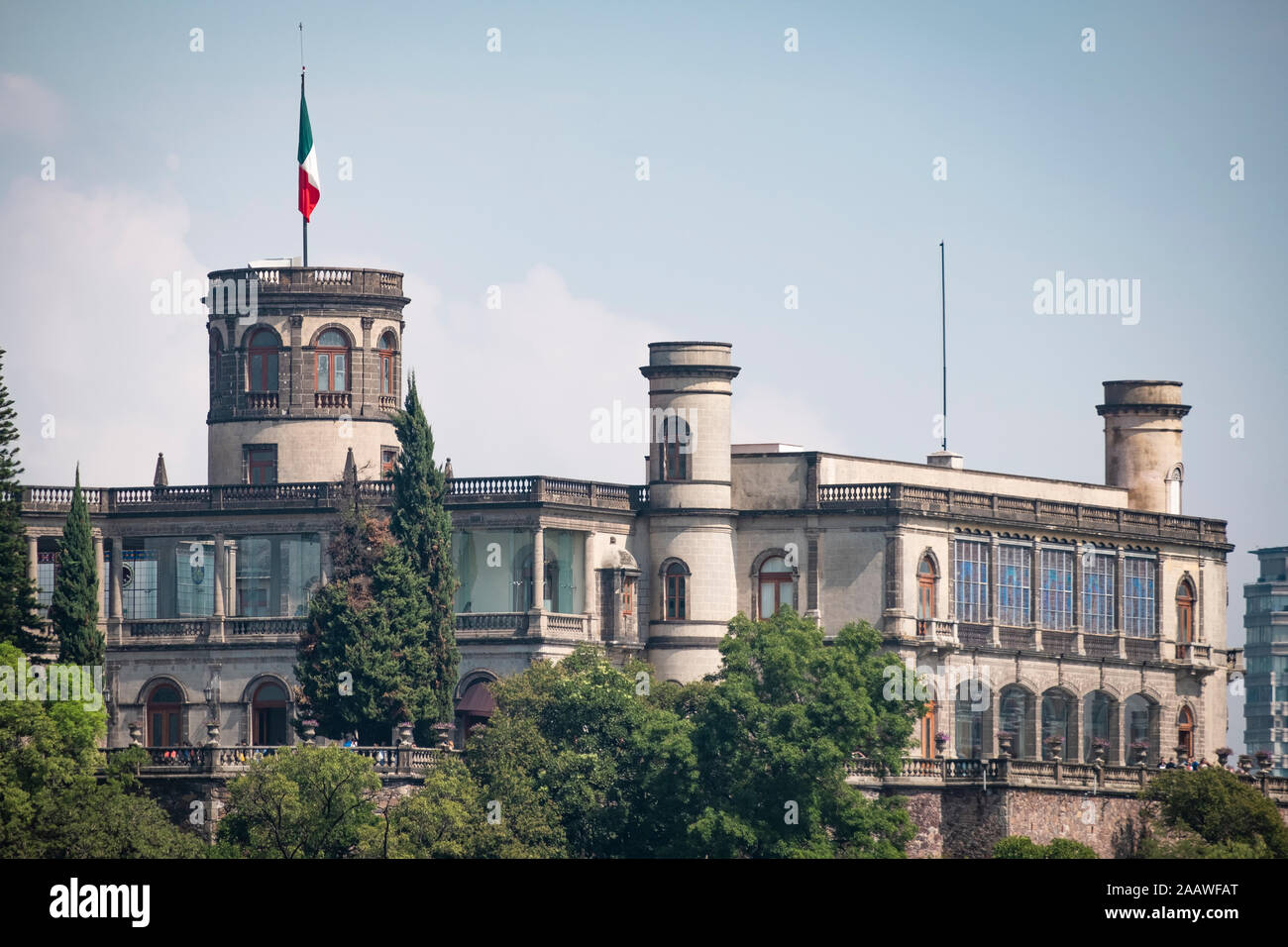View of Chapultepec Castle against sky in Mexico city during sunny day, Mexico Stock Photo
