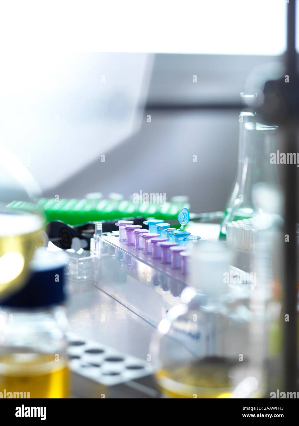 High angle view of various laboratory experiment on table Stock Photo