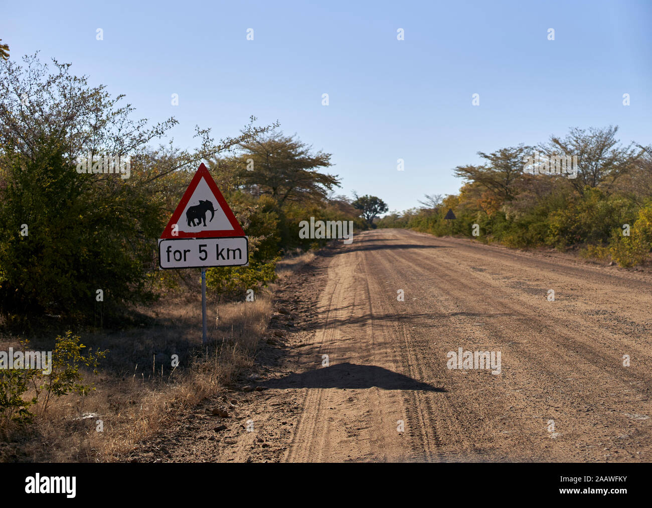 Beware of elephants sign by dirt road at Bwabwata National Park, Namibia Stock Photo