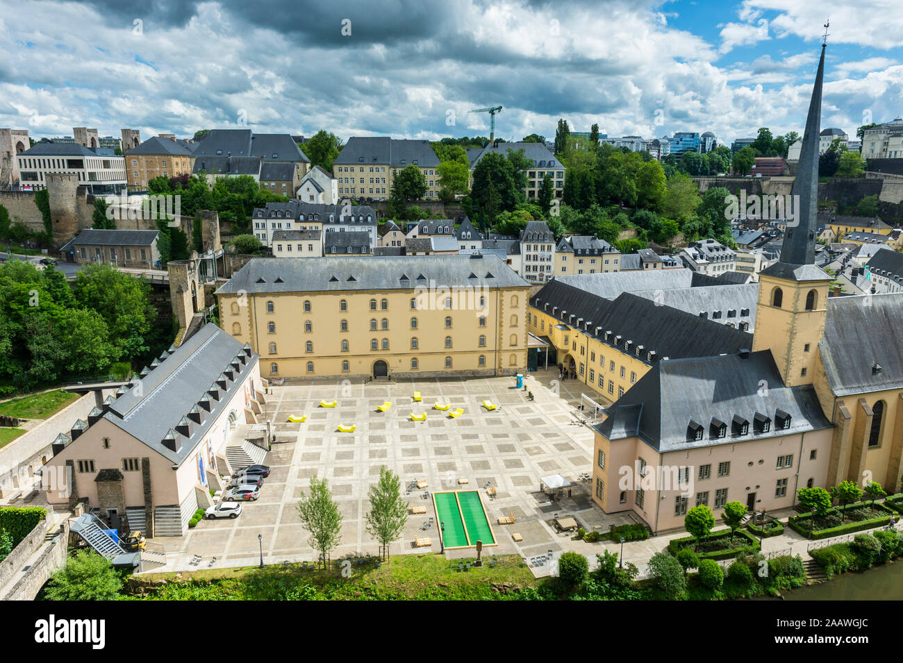 High angle view of old town in Luxembourg against sky Stock Photo