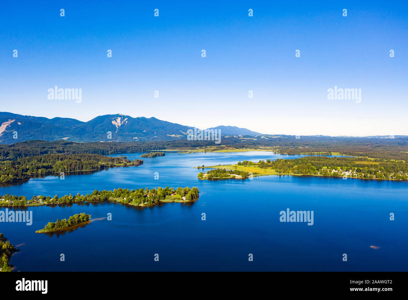 Drone point of beautiful Staffelsee lake and Buchau Island, Bavarian Alps, Germany Stock Photo