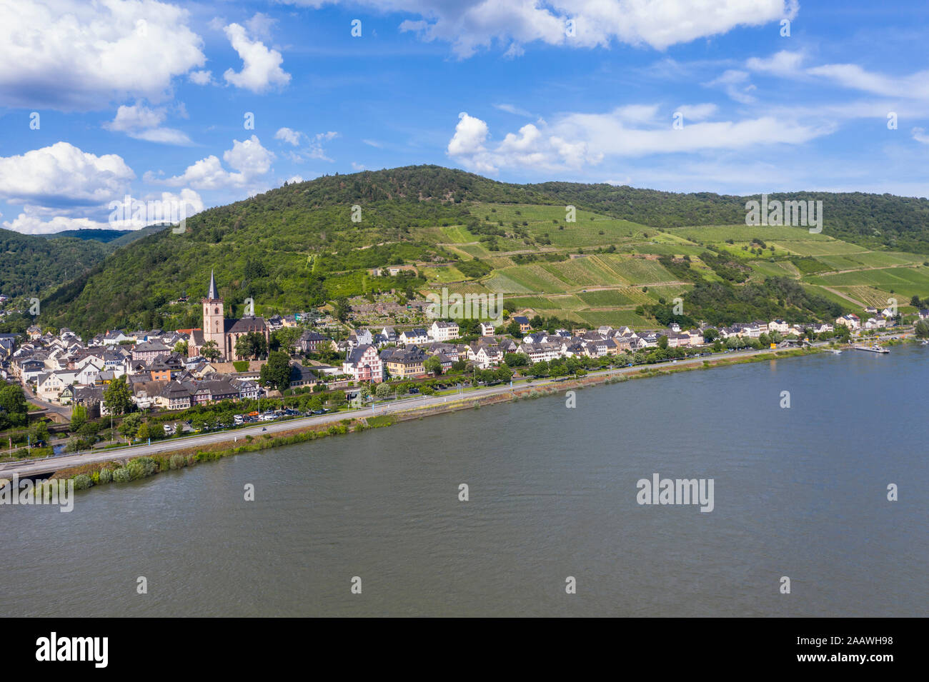 Aerial view of mountain by Rhine River against sky in Lorch, Germany Stock Photo