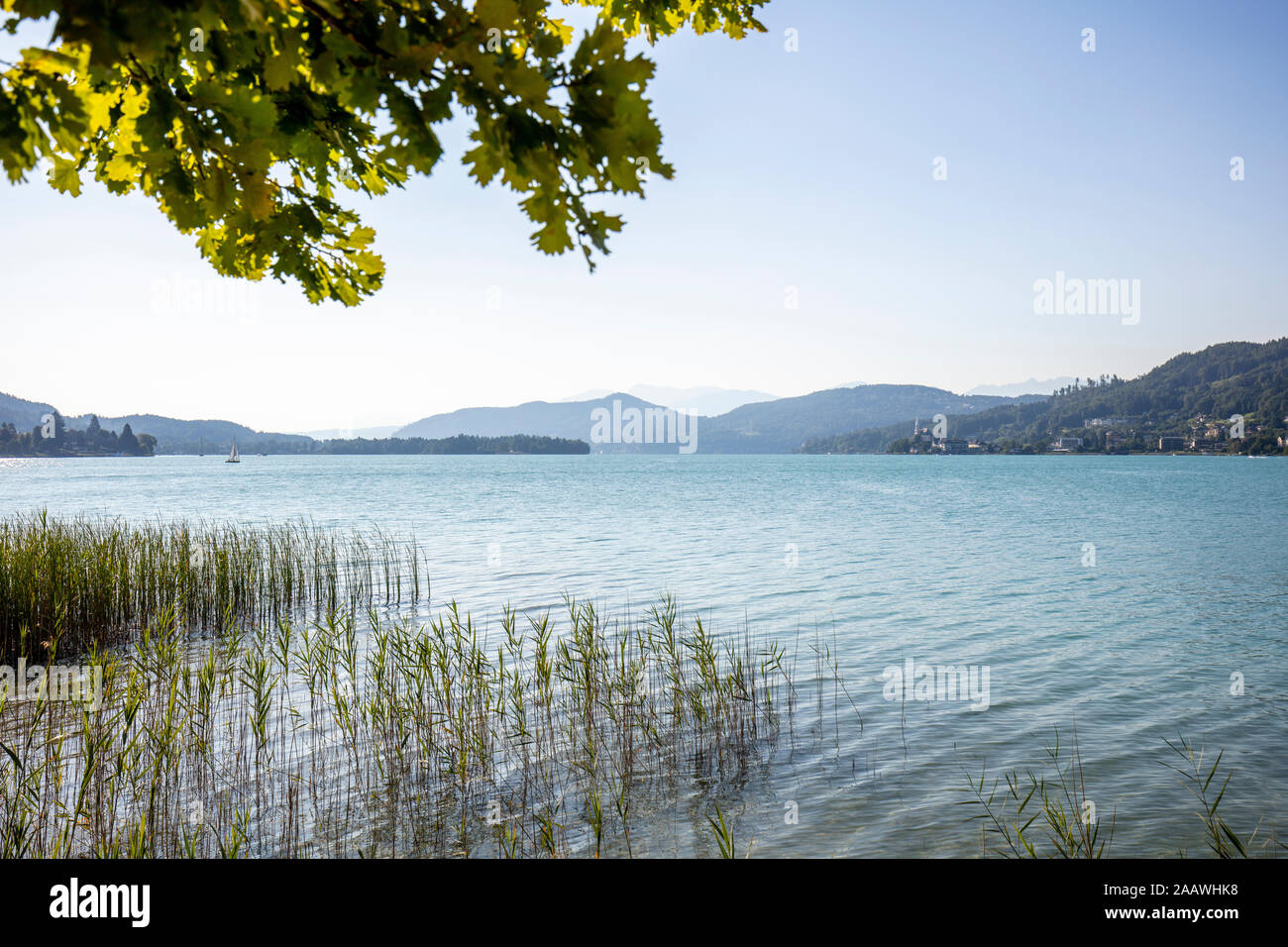 Scenic view of Woerthersee lake against clear sky, Austria Stock Photo
