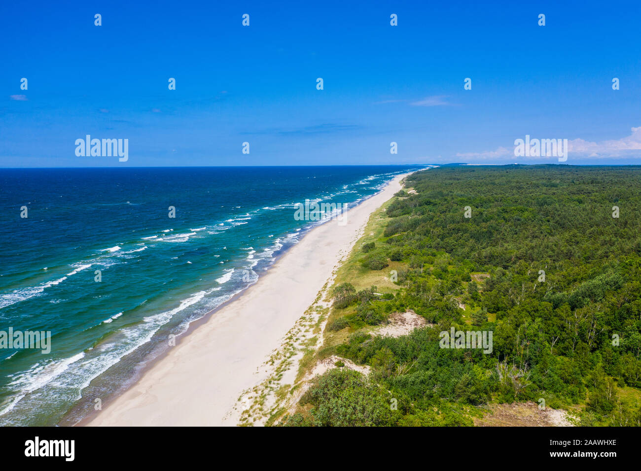 Aerial view of sea against blue sky during sunny day in Curonian Spit, Russia Stock Photo