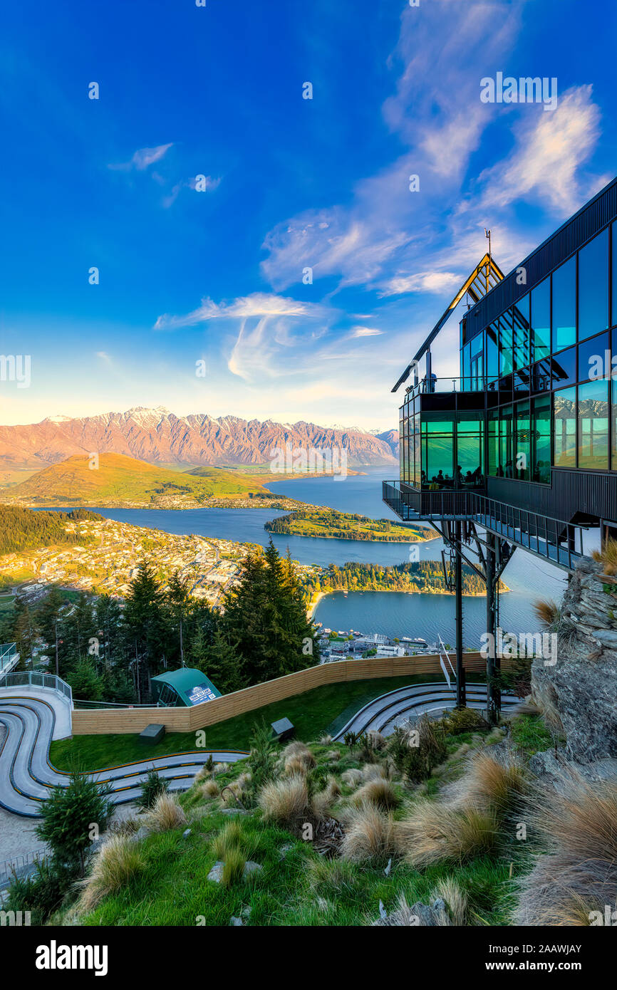 Skyline viewing gallery and luge tracks against sky in Queenstown, South Island, New Zealand Stock Photo