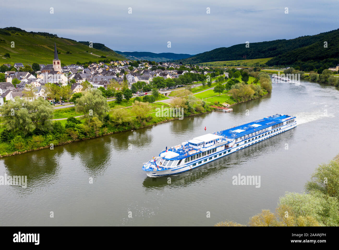 Aerial view of cruise ship on Mosel River, Bernkastel-kues, Germany Stock Photo