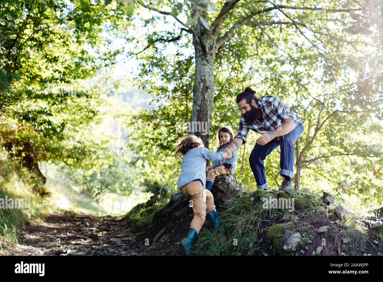 Boy reaching out for father's hand in the forest Stock Photo - Alamy