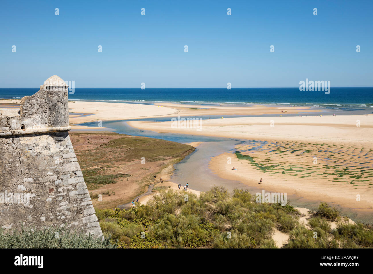 Scenic view of Ria Formosa against clear blue sky, Portugal Stock Photo