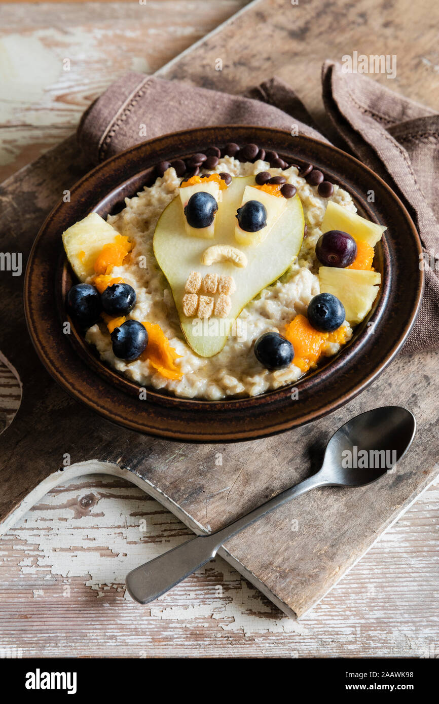 High angle view of decorated breakfast served in plate on table during Halloween Stock Photo