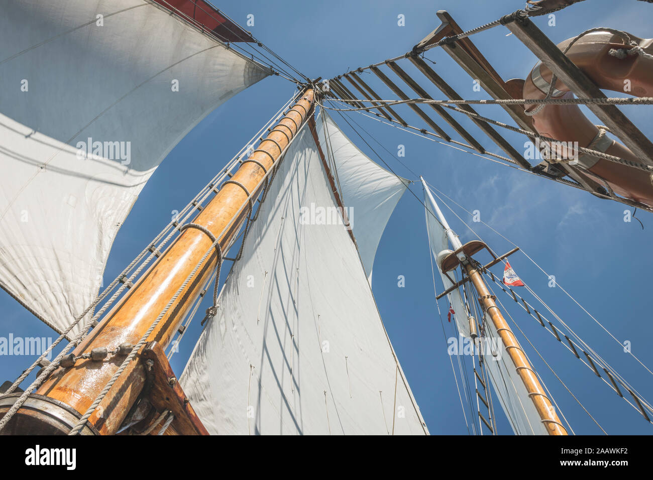 Denmark, Baltic Sea, Low angle view of gaff schooner sail Stock Photo