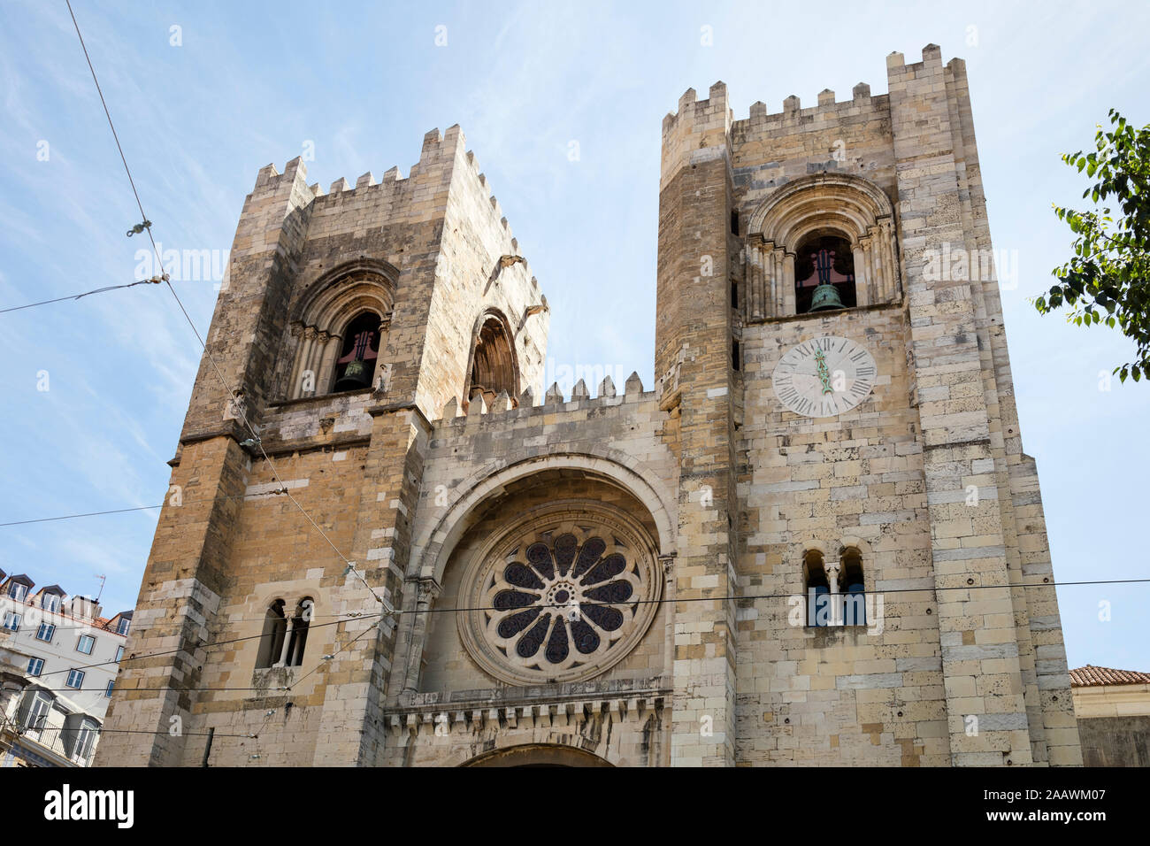 Low angle view of Lisbon Cathedral in city, Portugal Stock Photo