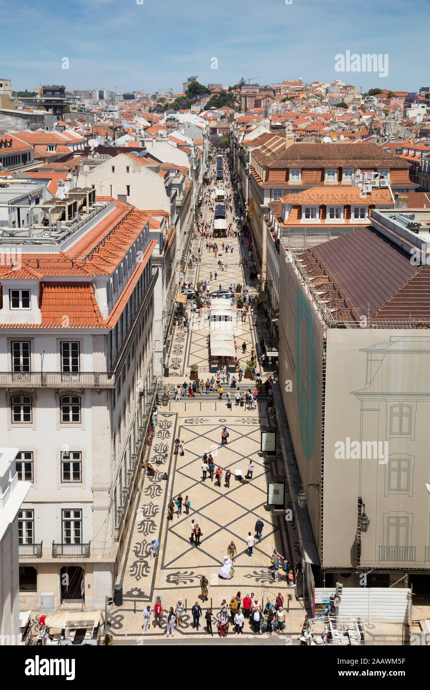 Pedestrians on street seen from Arc de Triomphe, Lisbon, Portugal Stock Photo