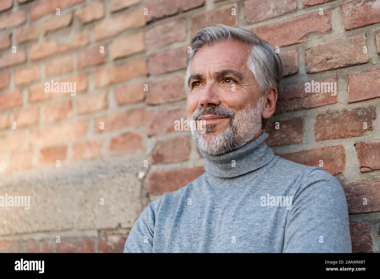 Portrait of mature businessman at a brick wall Stock Photo
