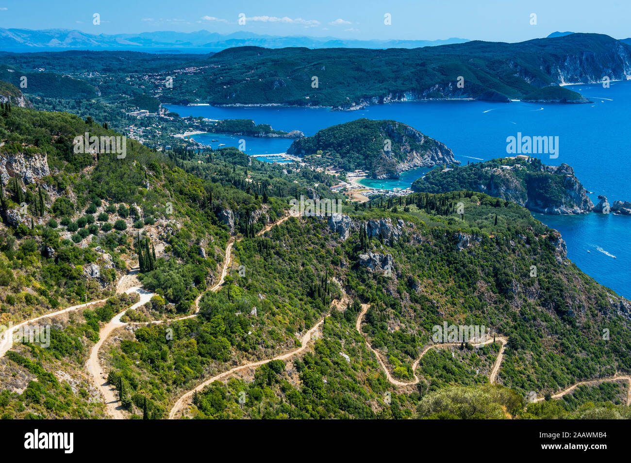 Scenic view of Corfu against blue sky, Ionian islands, Greece Stock Photo