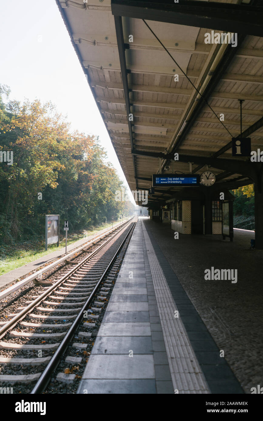 Empty railway station in autumn, Berlin, Germany Stock Photo