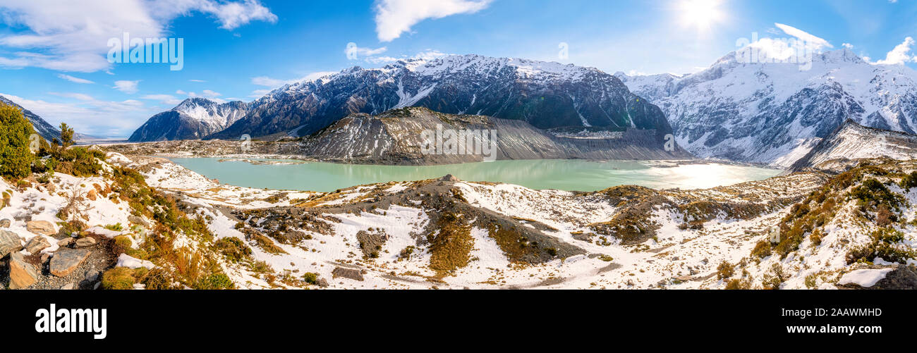 New Zealand, South Island, Panoramic view of Mueller Lake Stock Photo