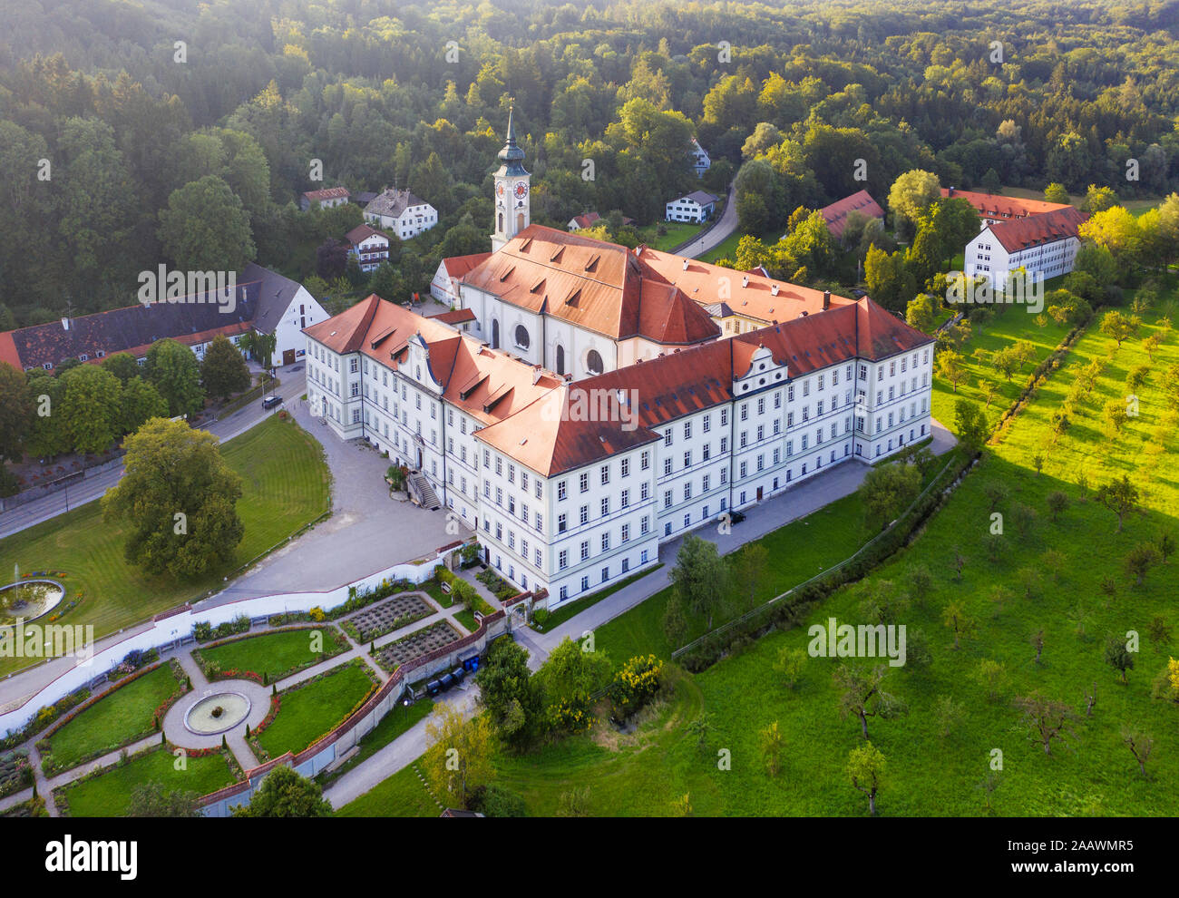Germany, Bavaria, Isartal, aerial view of Schftlarn Abbey Stock Photo