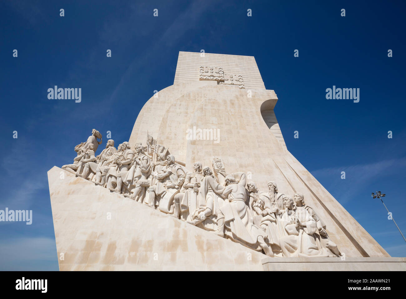 Low angle view of Monument to the Discoveries at Lisbon, Portugal Stock Photo