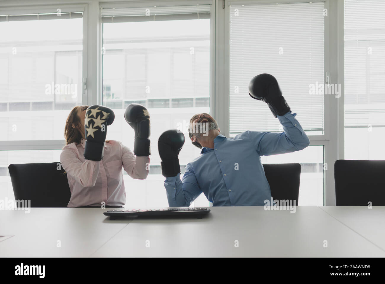 Cheering businesswoman and businessman wearing boxing gloves in office Stock Photo