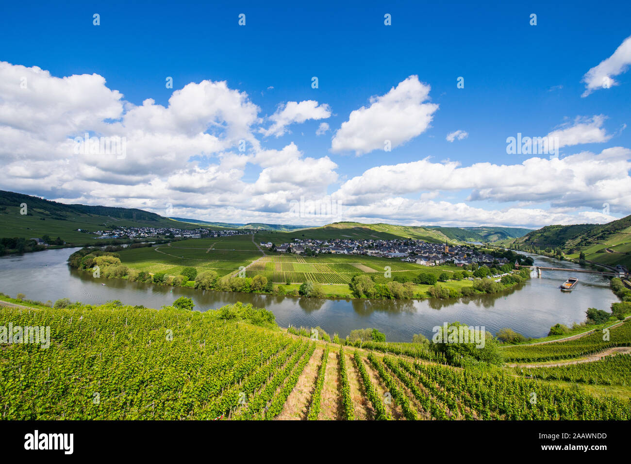 Aerial view of Mosel River bend against cloudy sky, Trittenheim, Germany Stock Photo